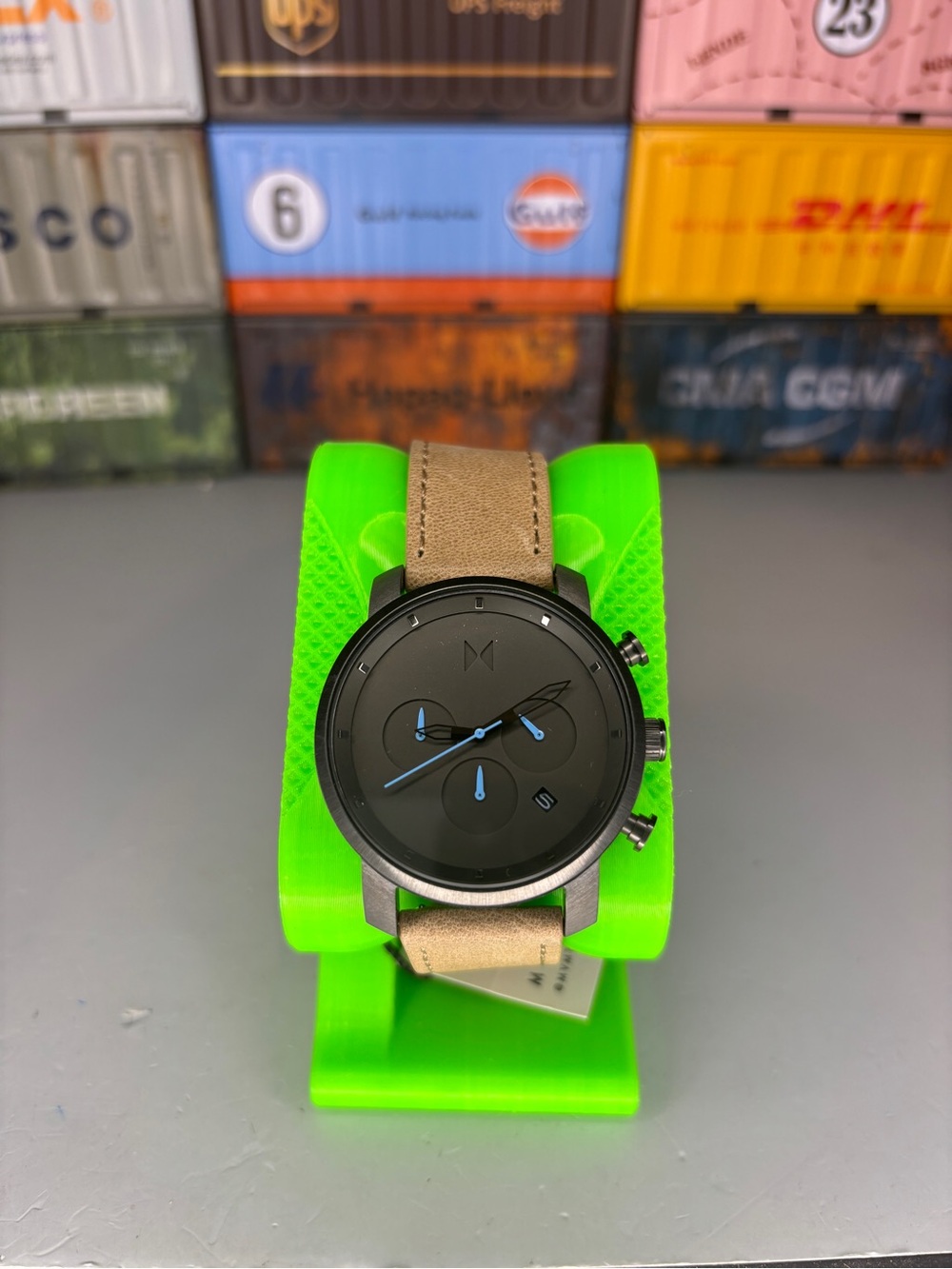 MVMT Black Dial Chronograph with Tan Leather Strap and Blue Hands
